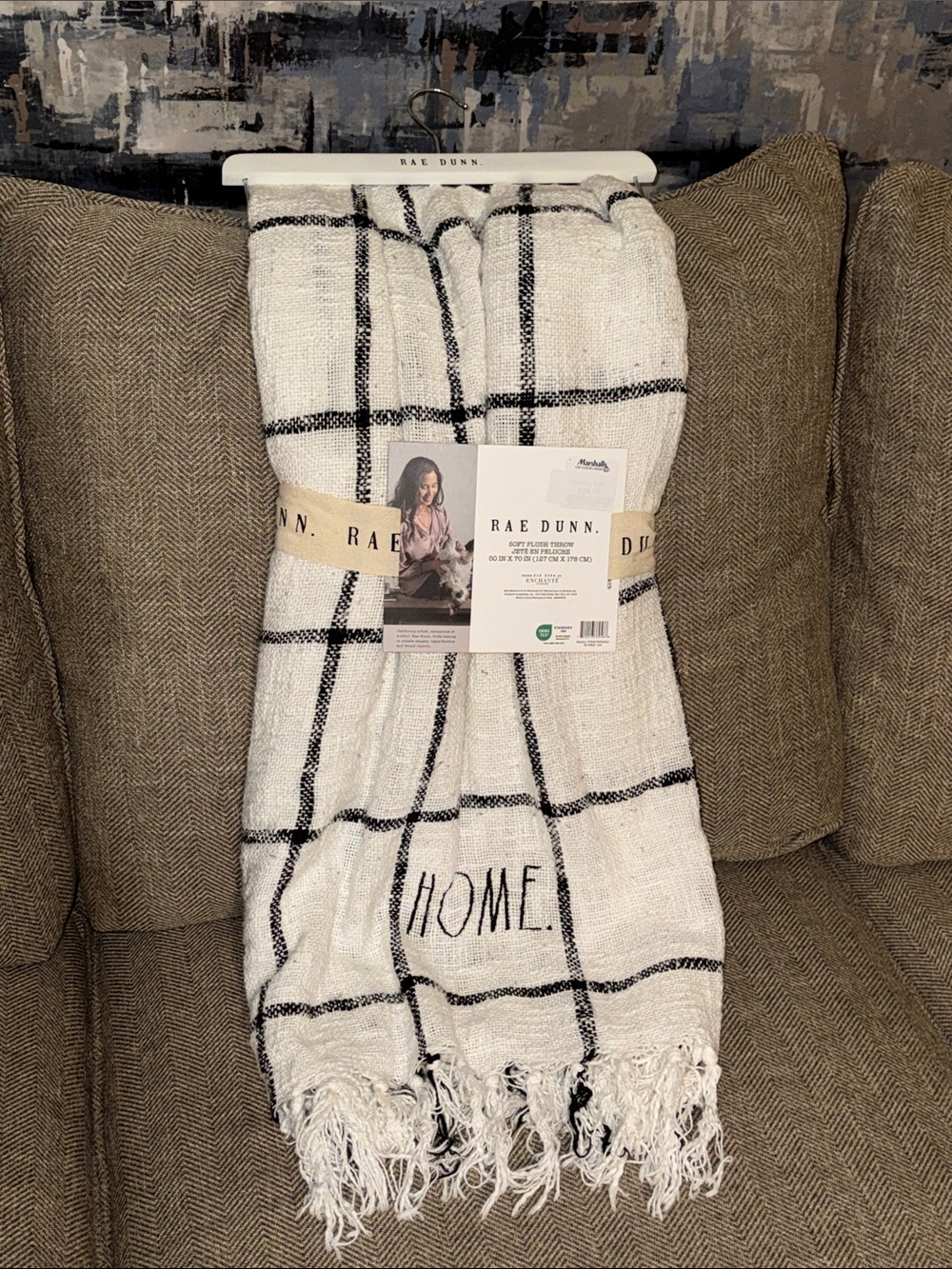 Rae Dunn White and Black ‘HOME' Embroidered Fringe Throw Blanket Farmhouse